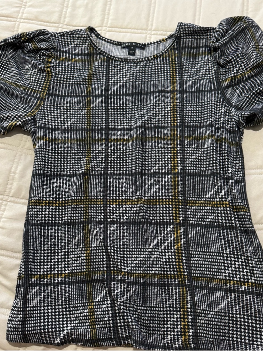 Puff-Sleeve Plaid Tee in Black, White & Mustard by Windsor